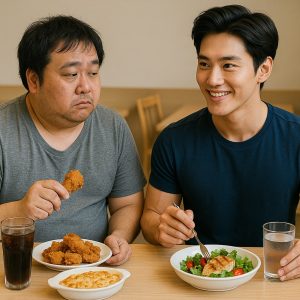 兩位同齡亞洲男性在餐桌對坐，左側男性氣色差、體型肥胖，正在吃炸雞、焗烤義大利麵與可樂；右側男性外貌年輕健壯，像韓國明星，正在吃雞胸肉、蔬菜沙拉與白開水，展現生活習慣與外貌健康的對比。
