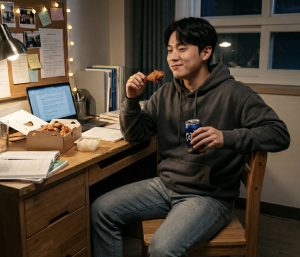 「年輕大學生晚上在房間吃韓式炸雞配啤酒當作宵夜，探討吃宵夜容易導致變胖與失眠的健康風險。」